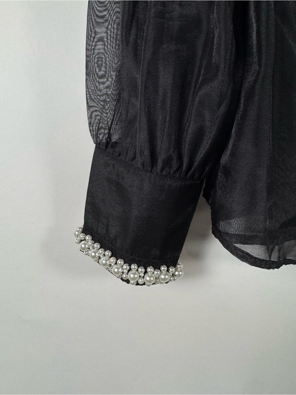 Boston Proper Black Sheer Pearl Embellished Button Down Blouse LG Goth Romantic - Picture 3 of 13